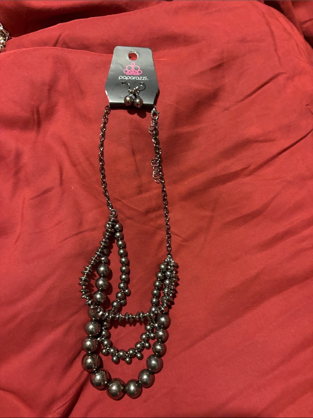 paparazzi Gunmetal Layered Beaded Necklace and earrings